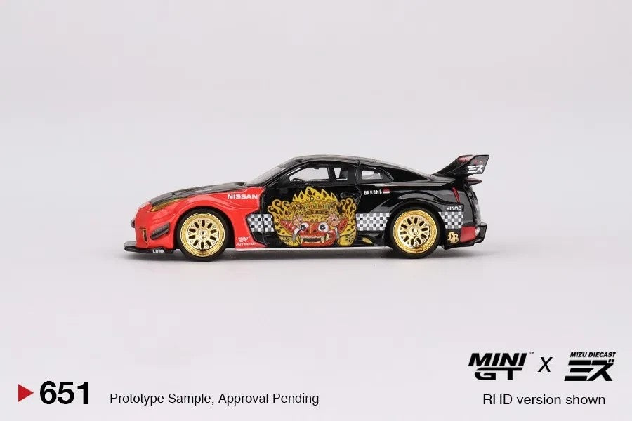 DiecastYard Mini GT Nissan 35 GT-RR LB-Silhouette Works diecast car with Barong graphic and gold rims