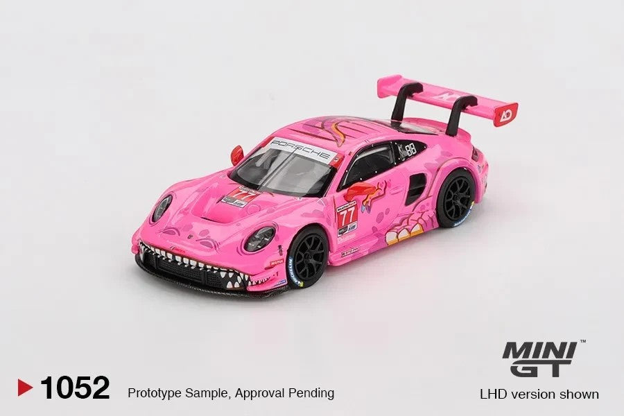 DiecastYard Mini GT Porsche 911 GT3 R #77 AO Racing Roxy pink diecast race car model with dinosaur graphics