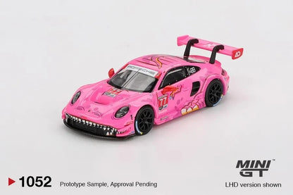 DiecastYard Mini GT Porsche 911 GT3 R #77 AO Racing Roxy pink diecast race car model with dinosaur graphics