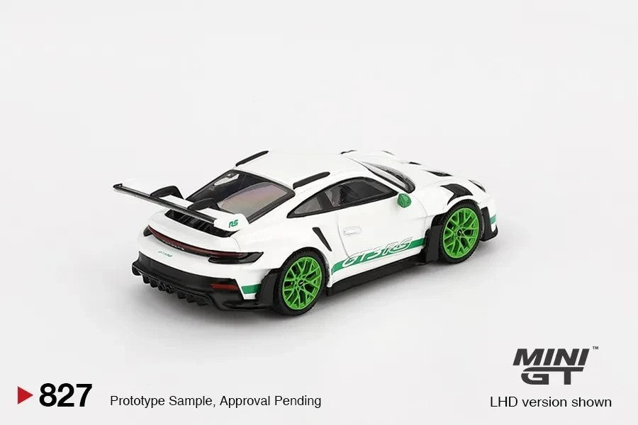 DiecastYard Mini GT Porsche 911 992 GT3 RS diecast model in white with green accents and rear wing
