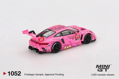 DiecastYard Mini GT Porsche 911 GT3 R #77 AO Racing Roxy diecast car in pink with racing decals