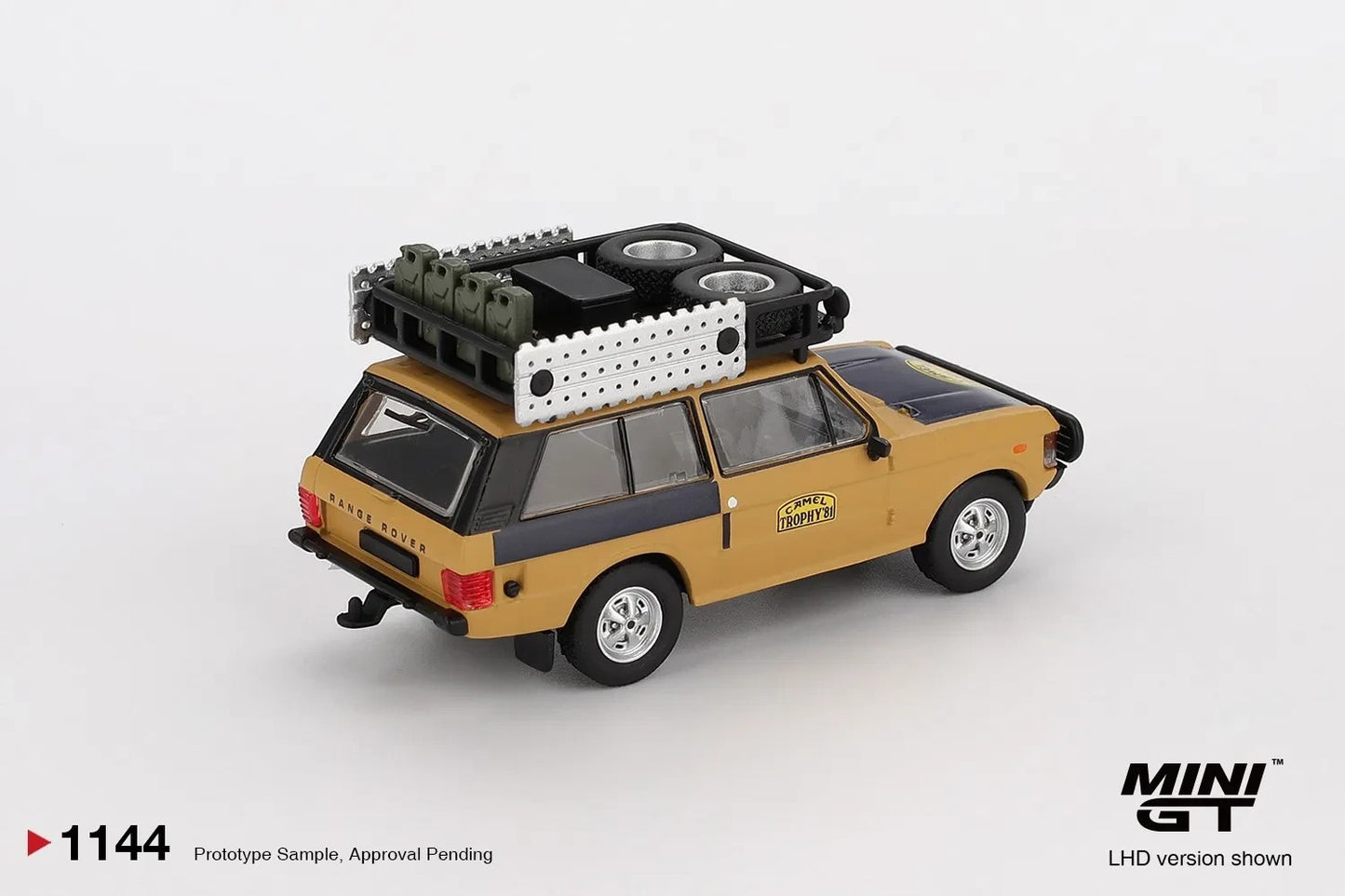 DiecastYard Mini GT 1981 Range Rover Camel Trophy Sumatra diecast model car with roof rack and spare tires