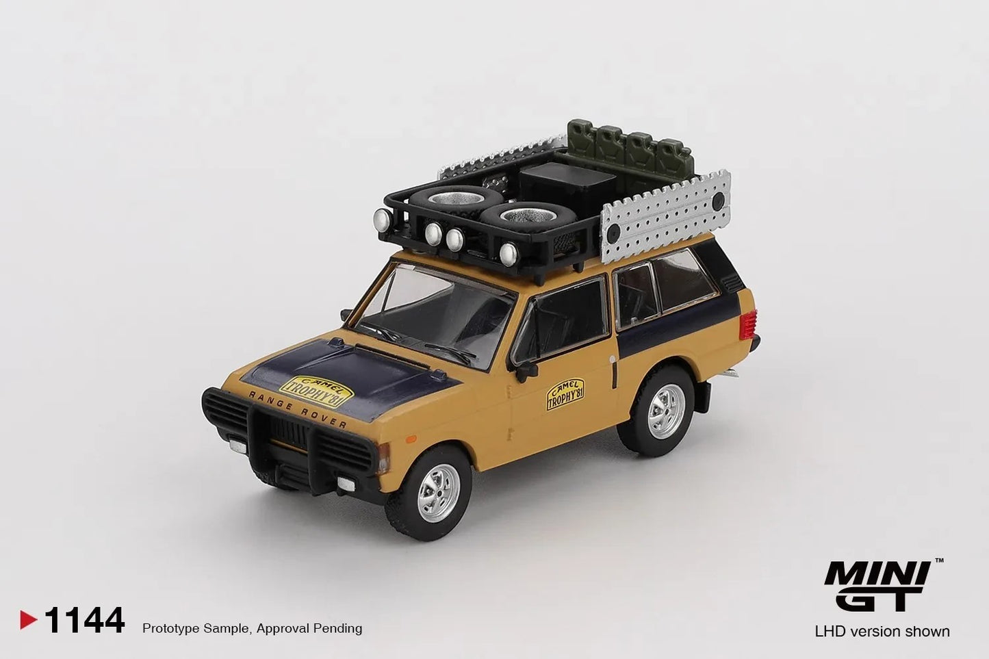 DiecastYard Mini GT 1981 Range Rover Camel Trophy Sumatra diecast model with roof rack and spare tires