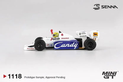 DiecastYard Mini GT TG184 #19 Ayrton Senna 1964 Monaco Grand Prix diecast race car model in white and blue
