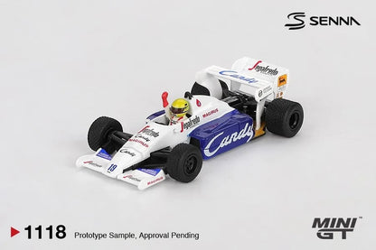 DiecastYard Mini GT TG184 #19 Formula 1 race car model in white and blue with Ayrton Senna driver figure
