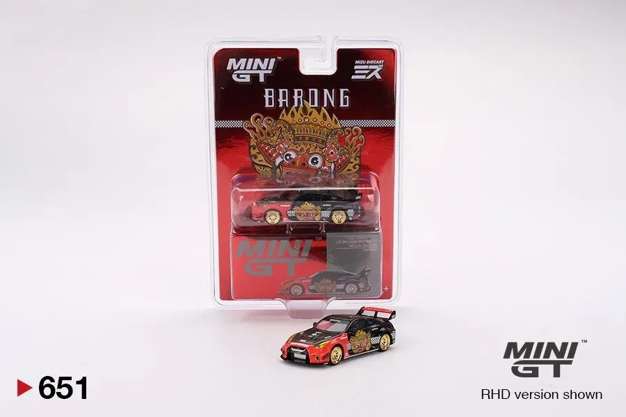 DiecastYard Mini GT Nissan 35 GT-RR Barong edition diecast car in black and red with gold wheels in blister packaging