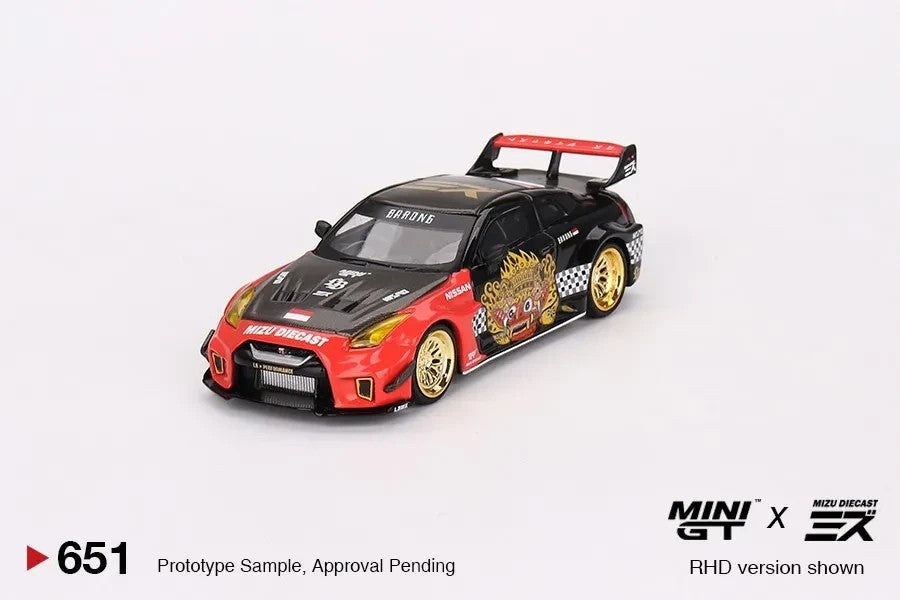 DiecastYard Mini GT Nissan 35 GT-RR Barong edition diecast car in black and red with gold rims and racing decals