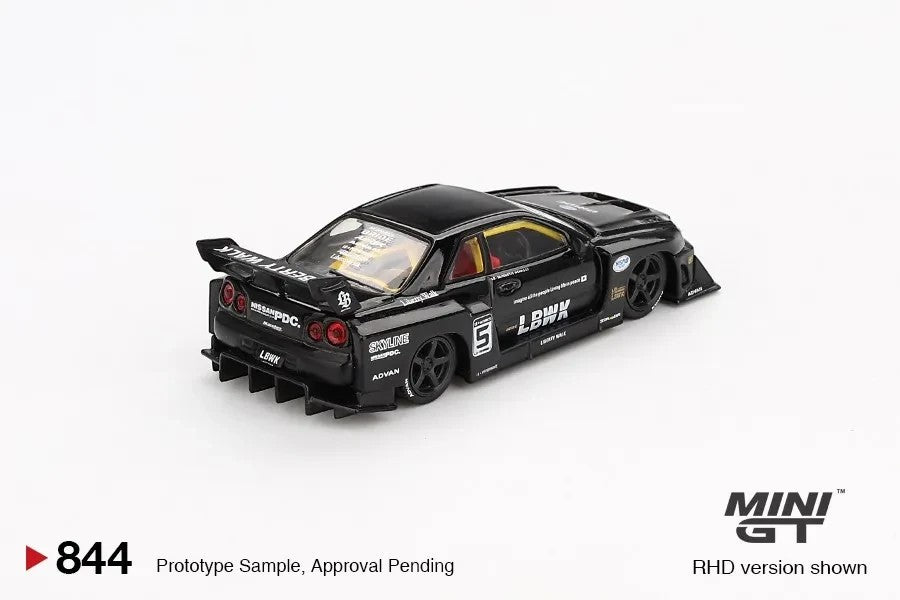 DiecastYard Mini GT Nissan LB-ER34 Super Silhouette Skyline in black with racing decals and rear wing