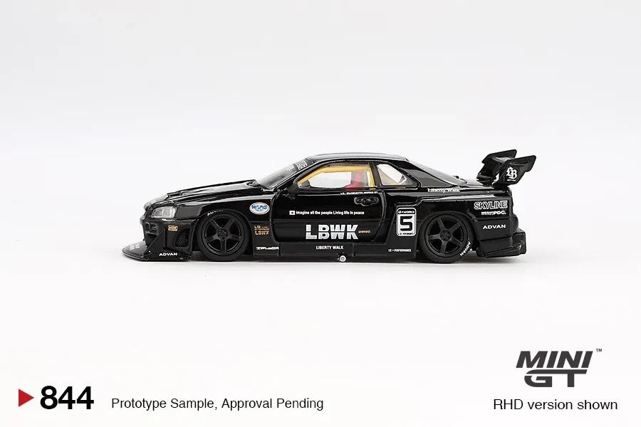 DiecastYard Mini GT Nissan LB-ER34 Super Silhouette Skyline in black with racing decals and rear wing, side view.