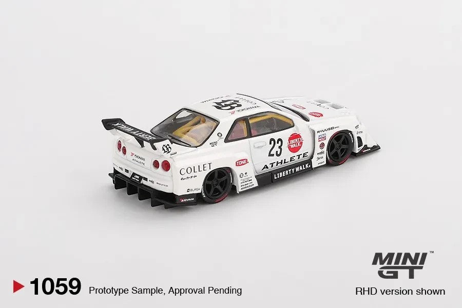 DiecastYard Mini GT Nissan LB-ER34 Super Silhouette Athlete #1059 white diecast model car with racing decals