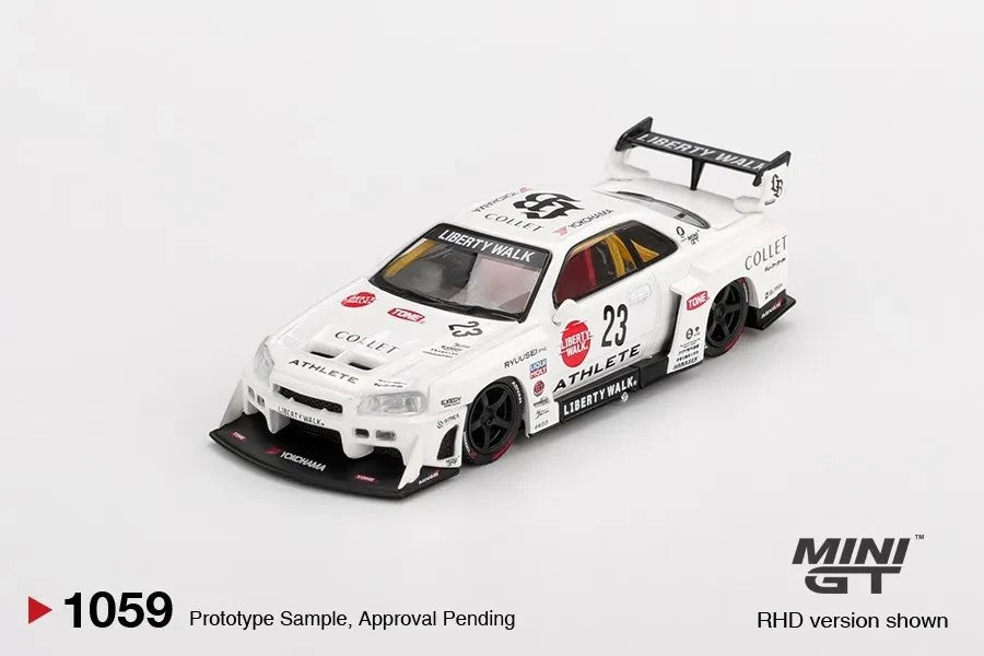 DiecastYard Mini GT Nissan LB-ER34 Super Silhouette Athlete #1059 diecast model car in white with racing decals