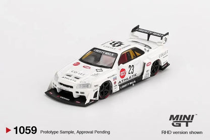 DiecastYard Mini GT Nissan LB-ER34 Super Silhouette Athlete #1059 diecast model car in white with racing decals