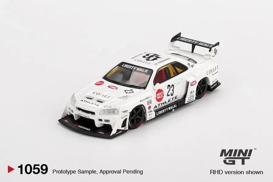 DiecastYard Mini GT Nissan LB-ER34 Super Silhouette Athlete #1059 diecast model car in white with racing decals