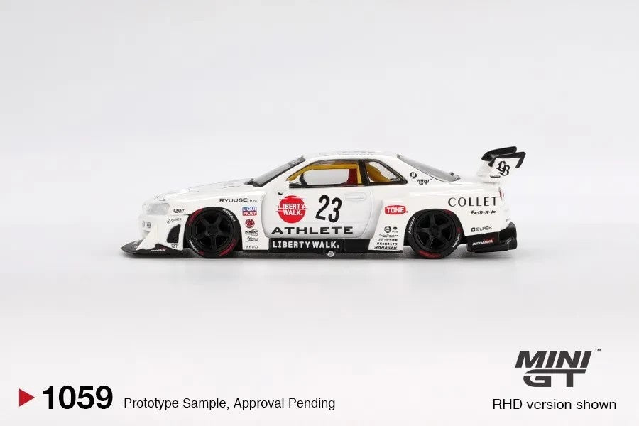 DiecastYard Mini GT Nissan LB-ER34 Super Silhouette Athlete #23 diecast car in white with racing decals