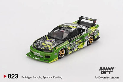 DiecastYard Mini GT LB-Super Silhouette Nissan S15 Silvia drift car in green and black with gold wheels