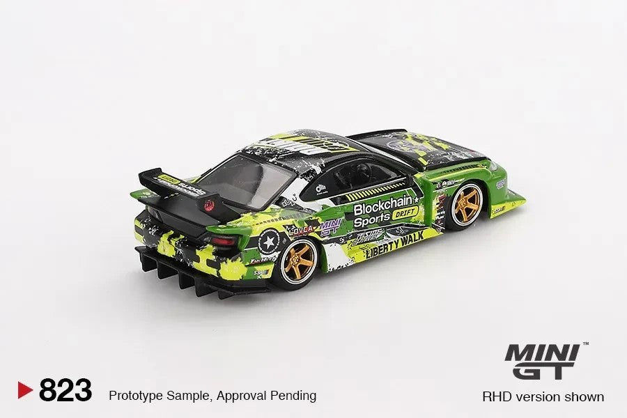DiecastYard Mini GT Nissan S15 Silvia LB-Super Silhouette drift car in green and black with gold wheels