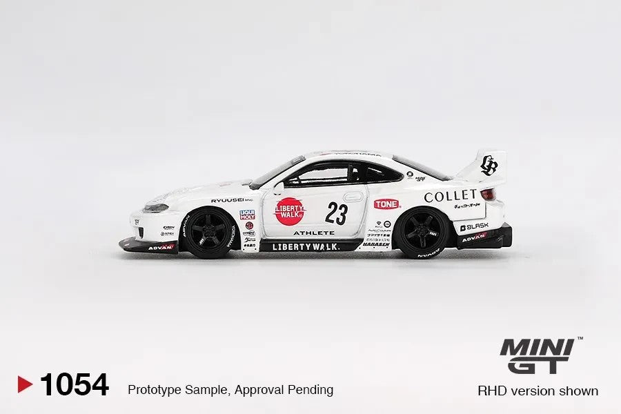 DiecastYard Mini GT Nissan S15 Silvia LB Super Silhouette Athlete #1054 white diecast model car side view