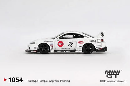 DiecastYard Mini GT Nissan S15 Silvia LB Super Silhouette Athlete #1054 white diecast model car side view