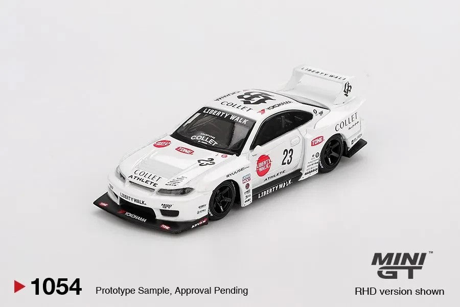 DiecastYard Mini GT Nissan S15 Silvia LB Super Silhouette Athlete diecast model car in white with racing decals