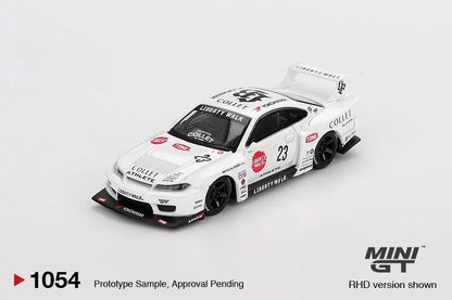 DiecastYard Mini GT Nissan S15 Silvia LB Super Silhouette Athlete diecast model car in white with racing decals