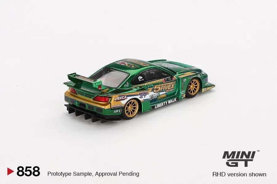 DiecastYard Mini GT Nissan Silvia S15 LB Super Silhouette diecast car in green with gold wheels and racing decals