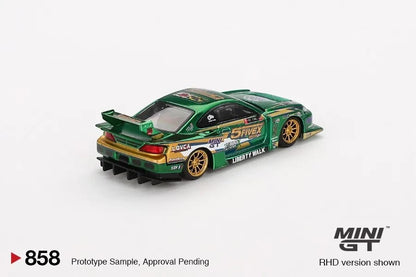DiecastYard Mini GT Nissan Silvia S15 LB Super Silhouette diecast car in green with gold wheels and racing decals