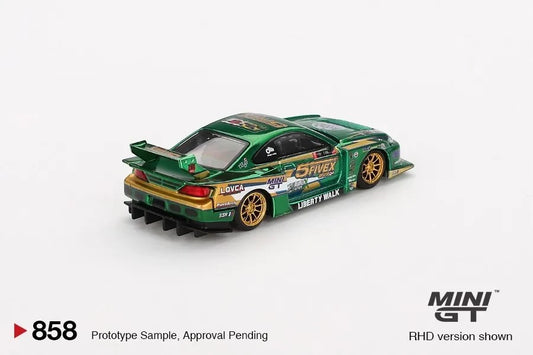 DiecastYard Mini GT Nissan Silvia S15 LB Super Silhouette diecast car in green with gold wheels and racing decals