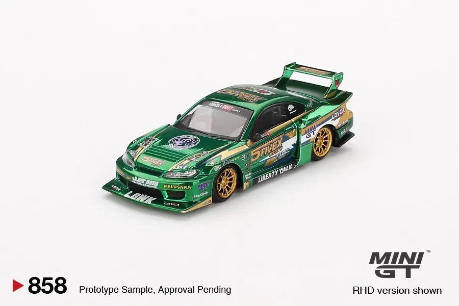 DiecastYard Mini GT Nissan Silvia S15 LB Super Silhouette diecast car in metallic green with gold racing livery