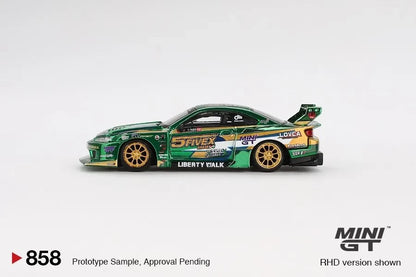 DiecastYard Mini GT Nissan Silvia S15 LB Super Silhouette diecast car in metallic green with gold racing wheels