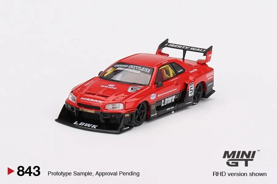 DiecastYard Mini GT Nissan LB-ER34 Super Silhouette Skyline diecast model in red and black with racing decals