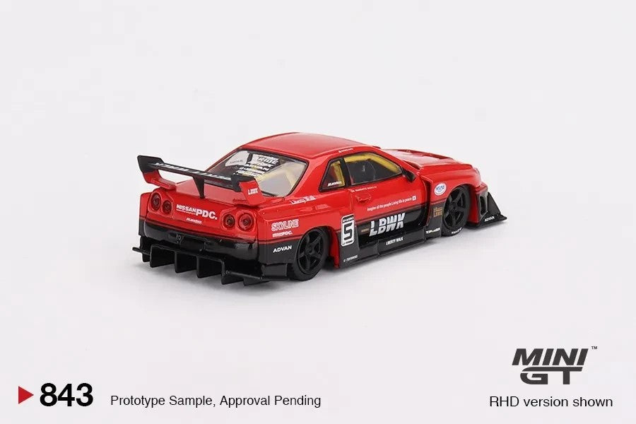 DiecastYard Mini GT Nissan LB-ER34 Super Silhouette Skyline diecast model car in red and black with racing decals