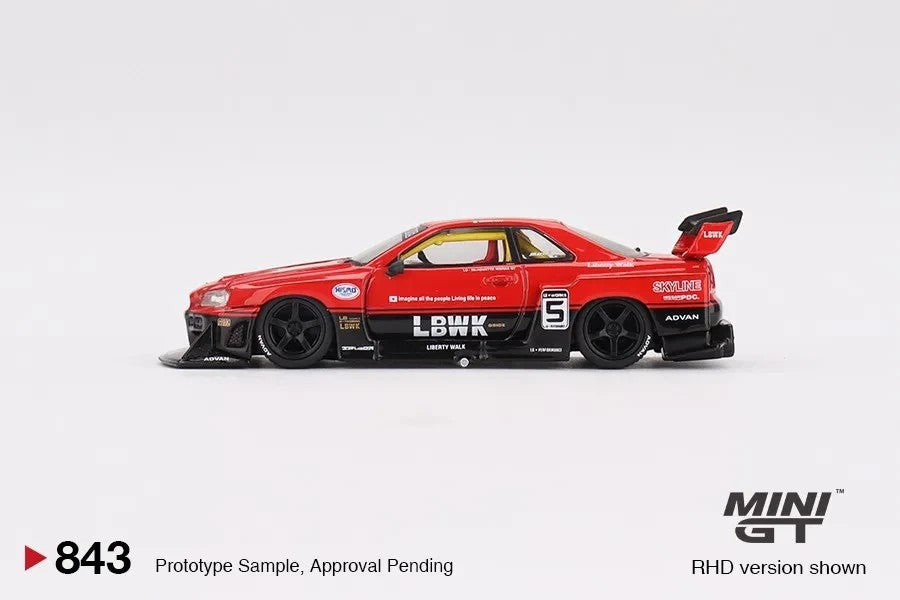 DiecastYard Mini GT Nissan LB-ER34 Super Silhouette Skyline diecast model in red and black with racing decals