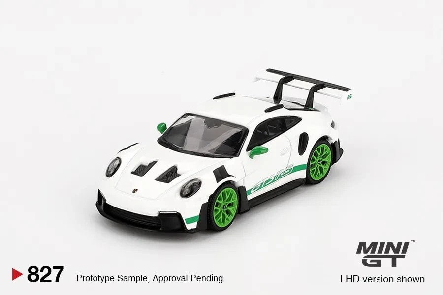 DiecastYard Mini GT Porsche 911 GT3 RS diecast model in white with green wheels and Carrera RS tribute livery