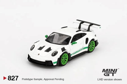 DiecastYard Mini GT Porsche 911 GT3 RS diecast model in white with green wheels and Carrera RS tribute livery
