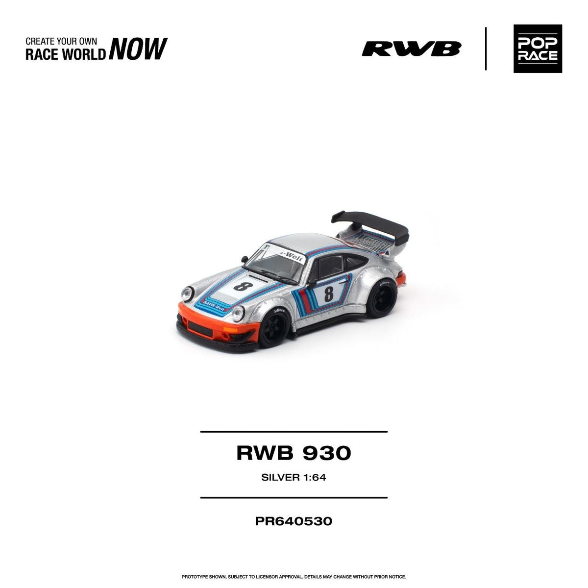 Pop Race RWB Porsche 930 Silver 1:64 diecast - DiecastYard