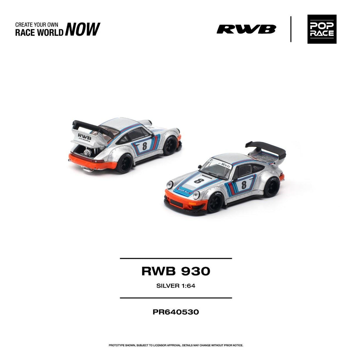 Pop Race RWB Porsche 930 Silver 1:64 diecast - DiecastYard