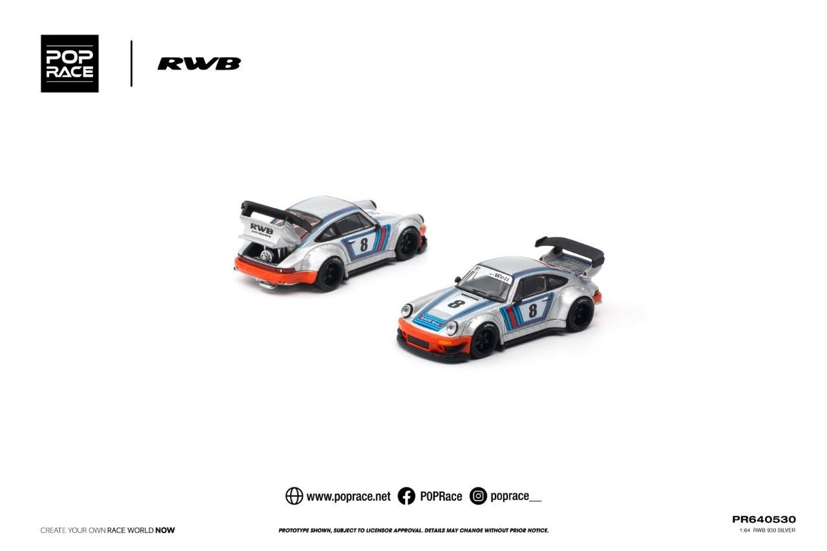 Pop Race RWB Porsche 930 Silver 1:64 diecast - DiecastYard
