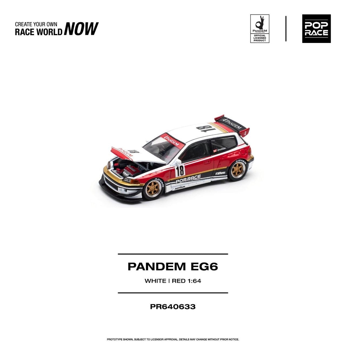 Pop Race Pandem Honda Civic EG6 White Red 1:64 diecast - DiecastYard