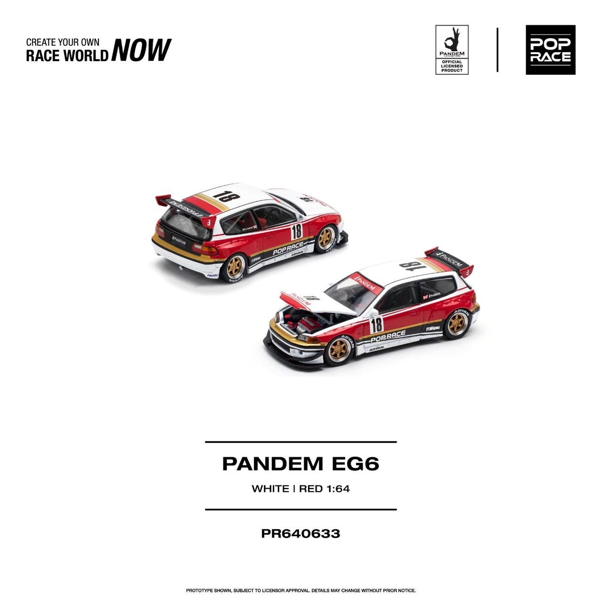 Pop Race Pandem Honda Civic EG6 White Red 1:64 diecast - DiecastYard