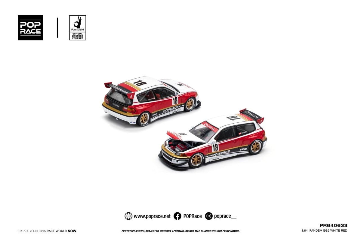 Pop Race Pandem Honda Civic EG6 White Red 1:64 diecast - DiecastYard